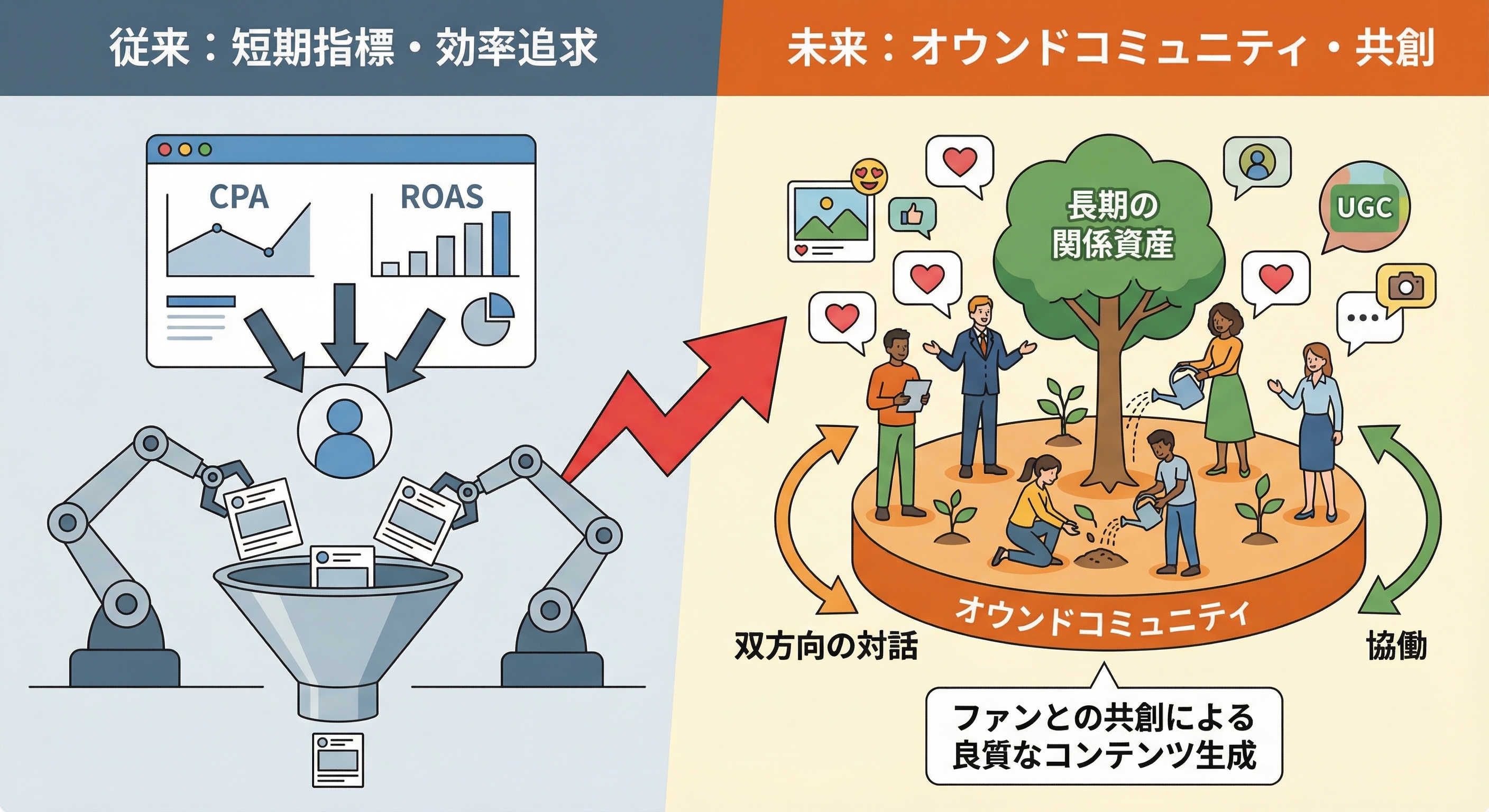 従来の短期指標・効率追求とオウンドコミュニティ・共創の比較